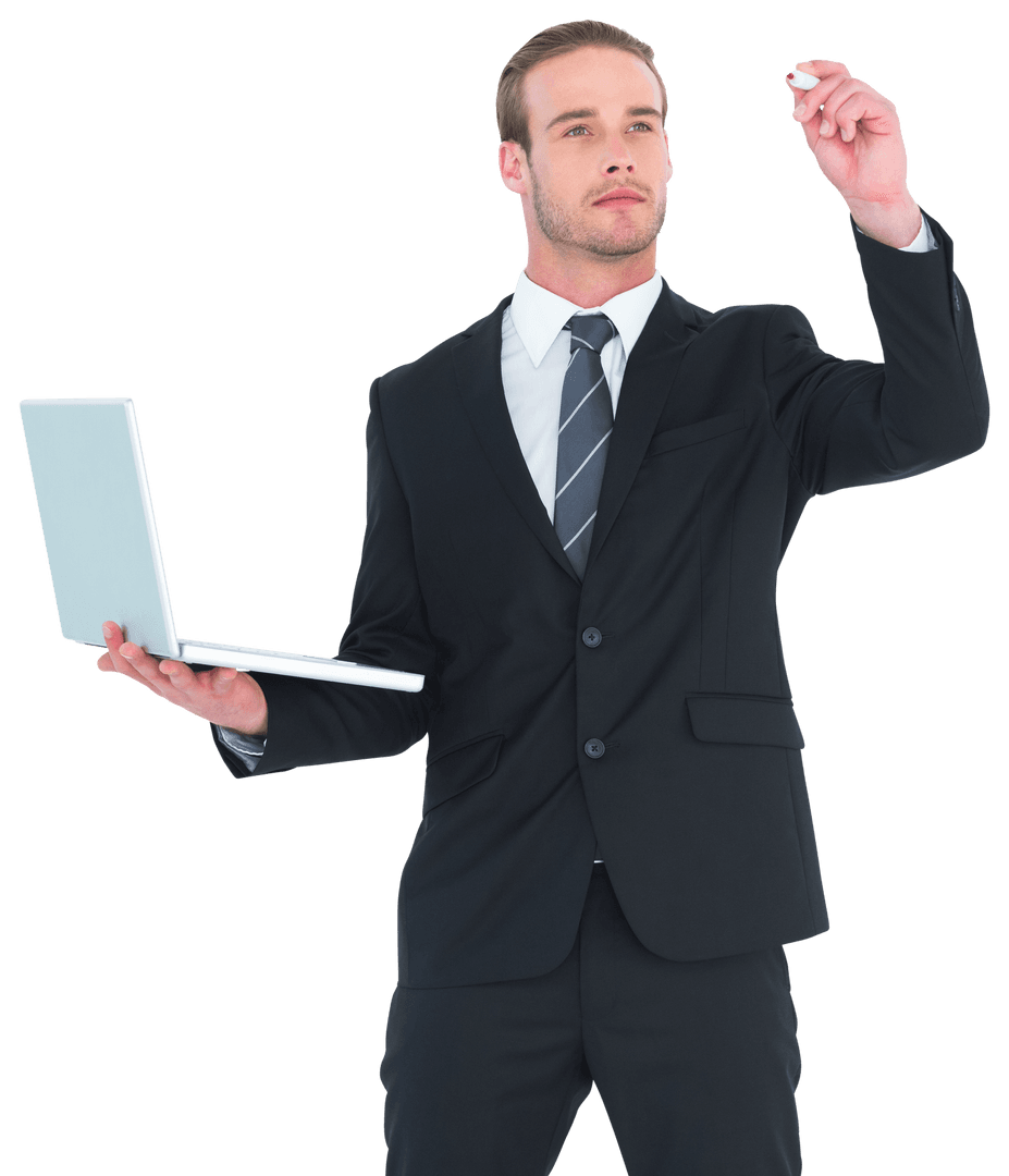 Serious Businessman with Marker Writing in Mid-Air on Transparent Screen