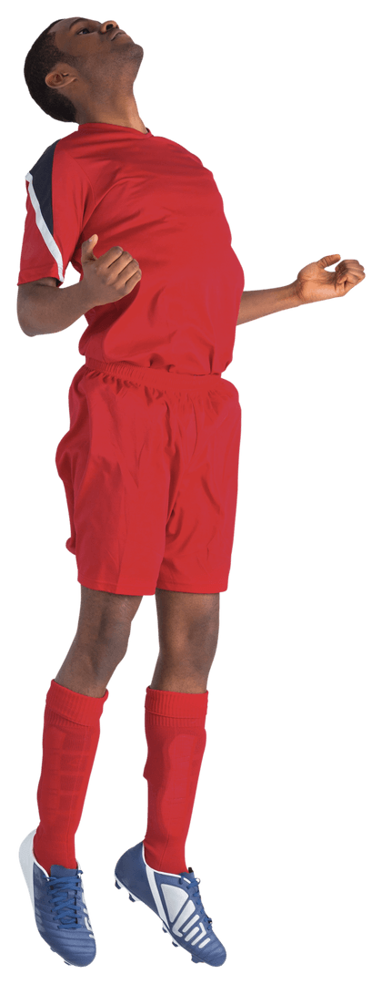 Transparent Football Player in Red Kit Jumping Mid-Air Celebration
