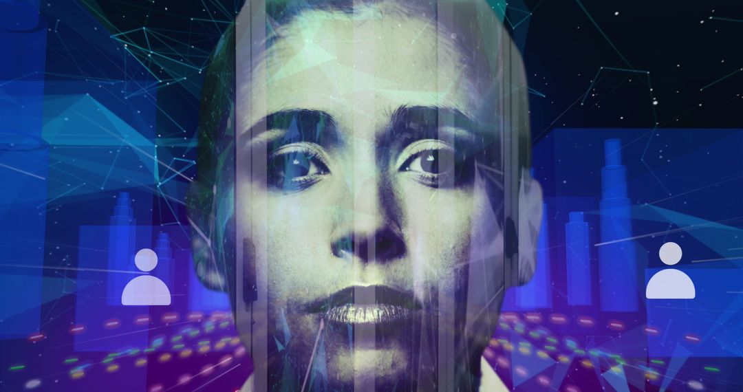 Woman's Face Amid Digital Cityscape and Network Icons