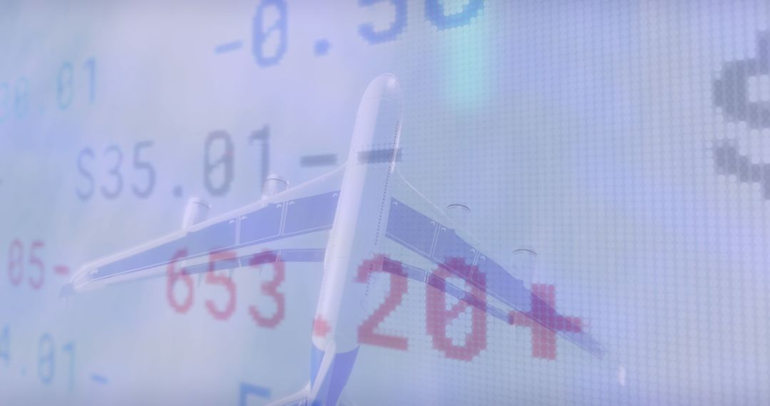 Airplane Soaring Over Digital Financial Data Overlay
