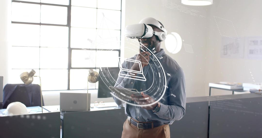 Business Professional Using VR Headset for Holographic Interface