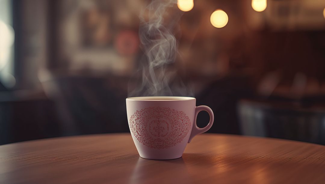 Steaming White Mug on Wooden Cafe Table with Warm Atmosphere