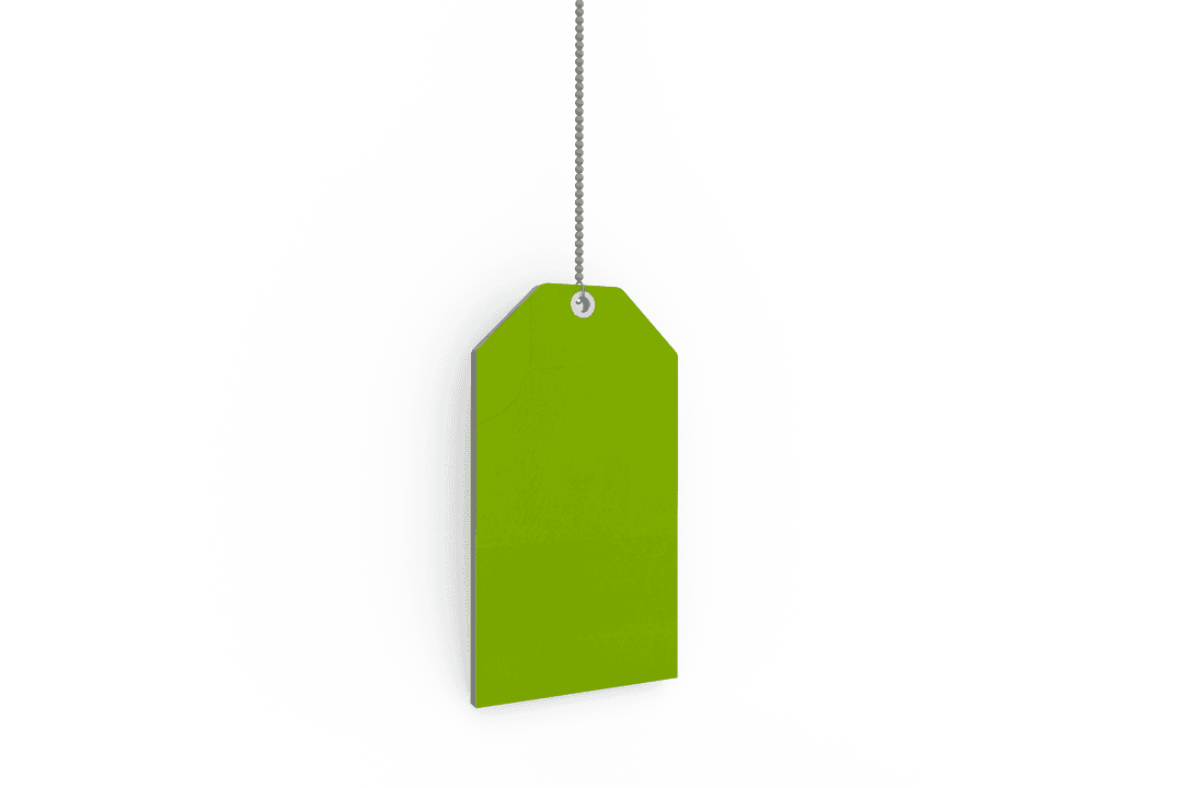 Green Paper Price Tag on Transparent Background with Metal Chain