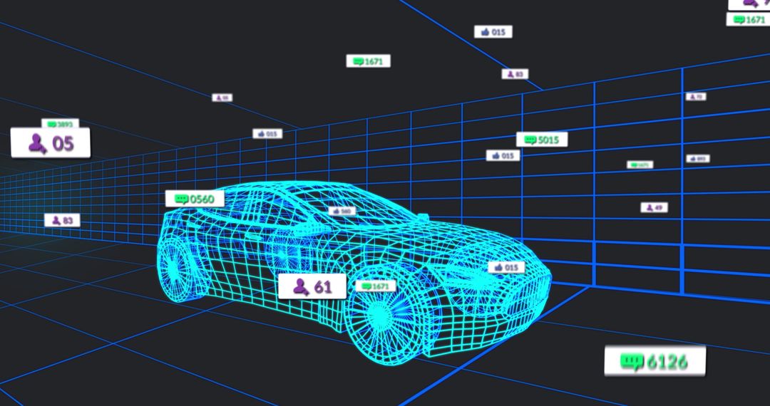 Futuristic Wireframe Car in Virtual Grid with Floating UI Elements