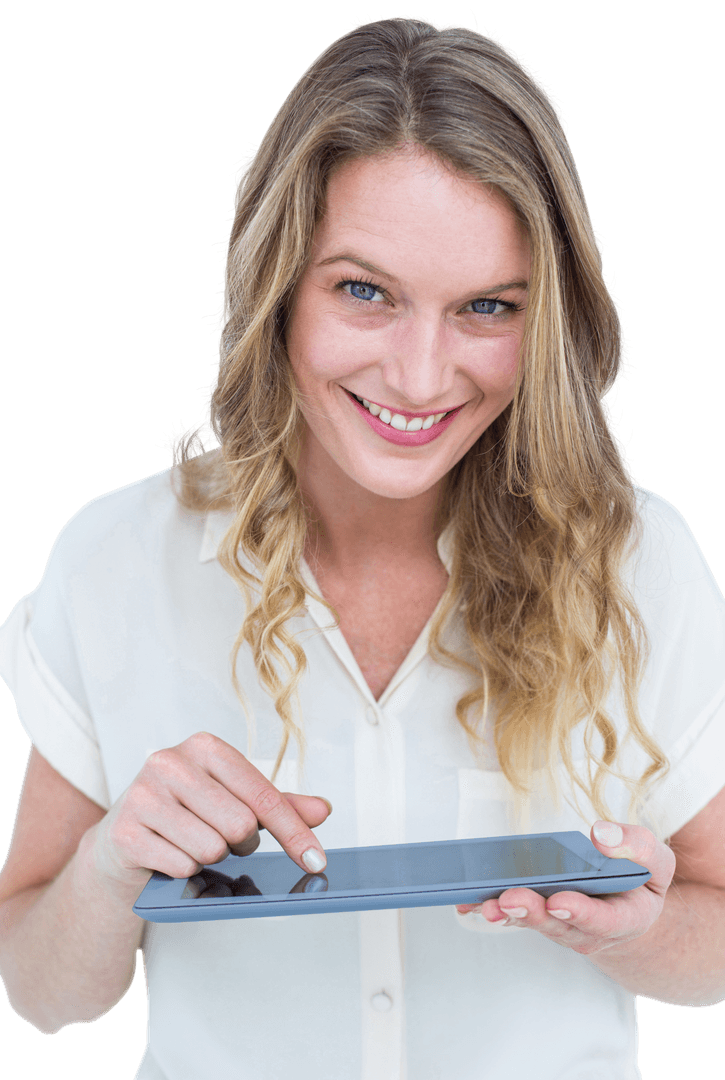 Smiling Woman Using Tablet Transparent Background