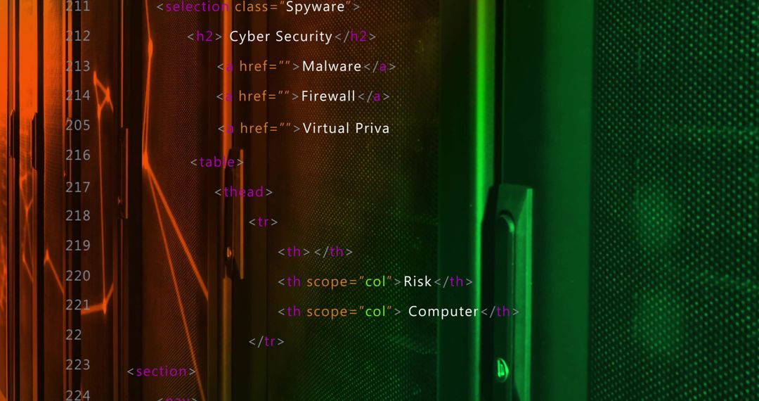HTML Code Over Server Room Background Conveying Cyber Security Themes