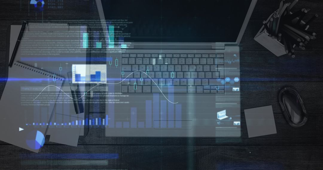 Laptop with Financial Analysis and Graphs Integration on Wooden Desk