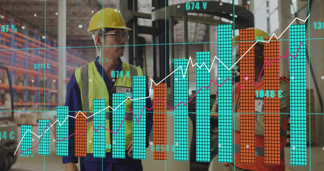 Warehouse workers reviewing inventory with digital analytics overlay optimizing logistics