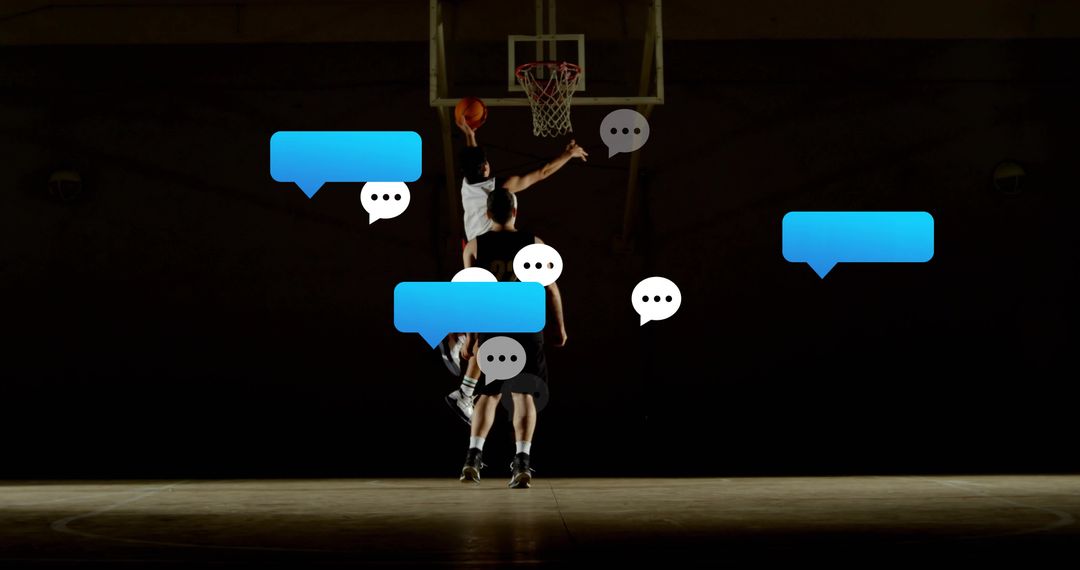 Male Basketball Player Dunking with Floating Chat Bubbles Showing Fan Interaction on Court