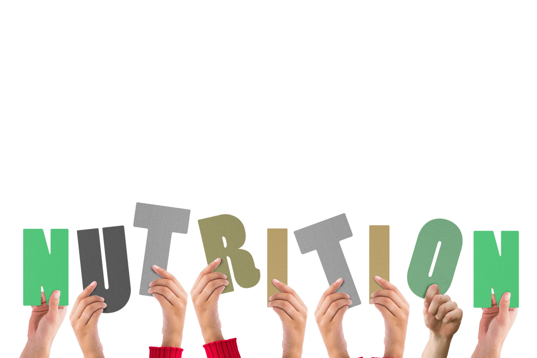 Hands Holding Nutrition Text with Transparent Background