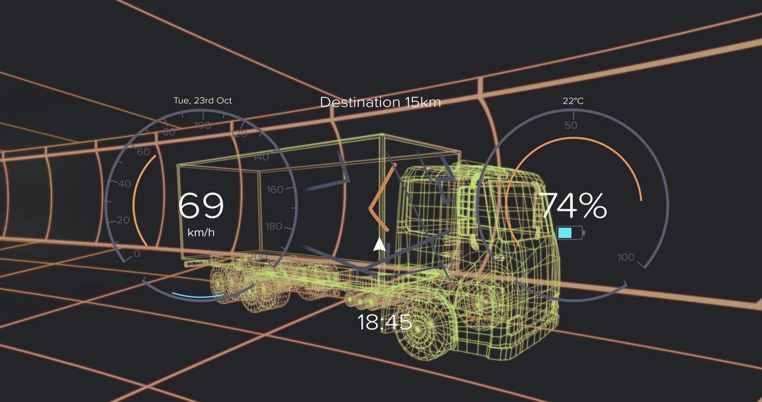 Futuristic Wireframe Truck with Interactive HUD Interface