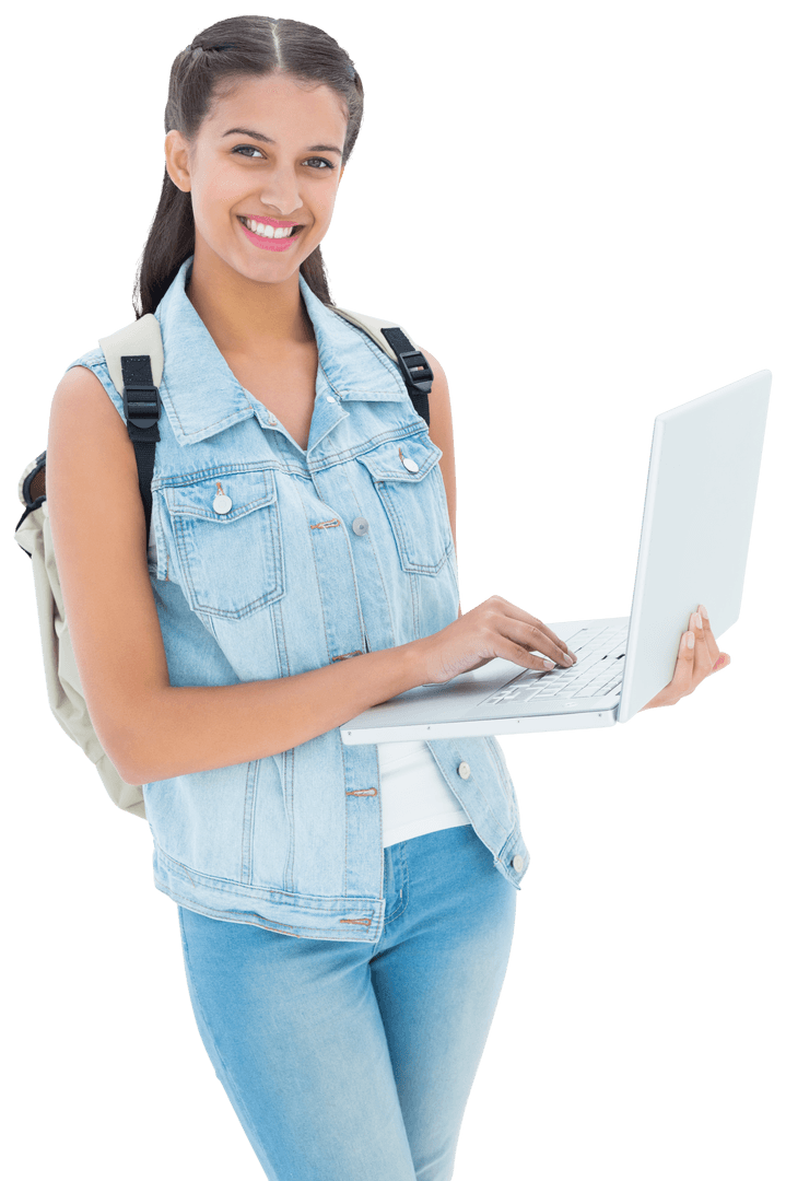 Happy Schoolgirl Using Laptop on Transparent Background