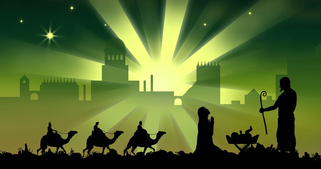 Nativity Scene with Three Wise Men in Starry Night Silhouette