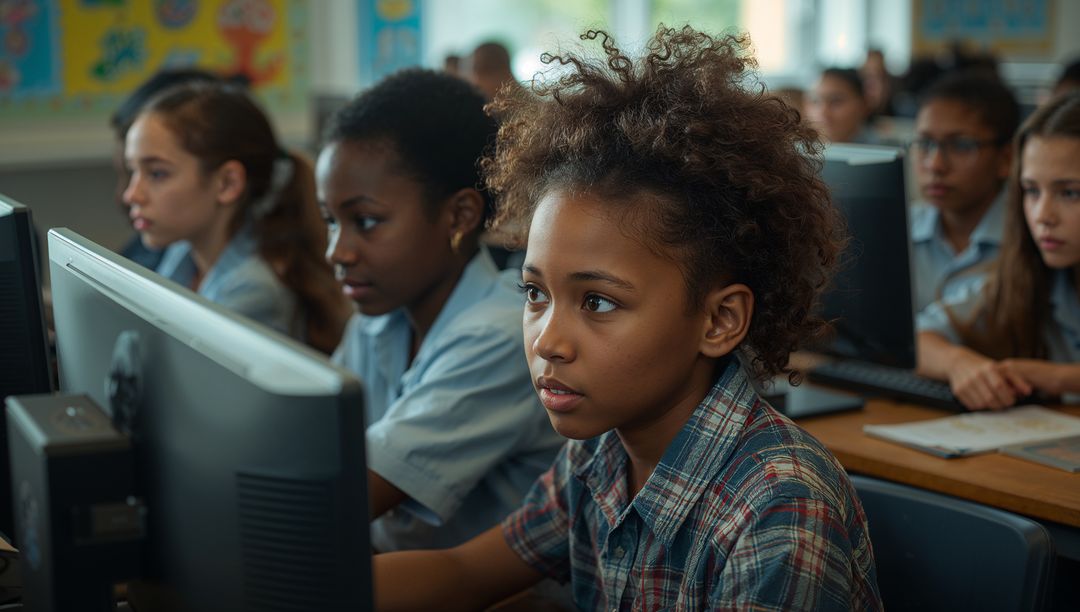 Curly-Haired Girl Typing in School Computer Lab