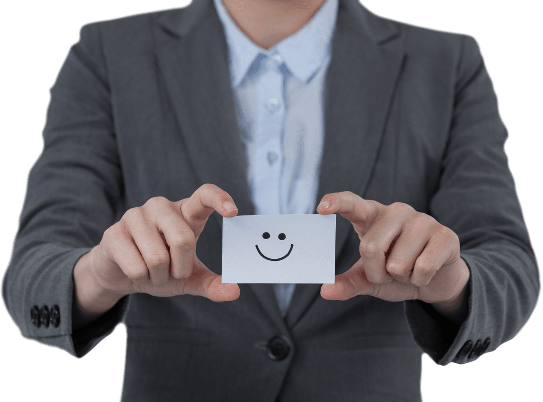 Transparent Card with Smiley Held by Businesswoman in Suit