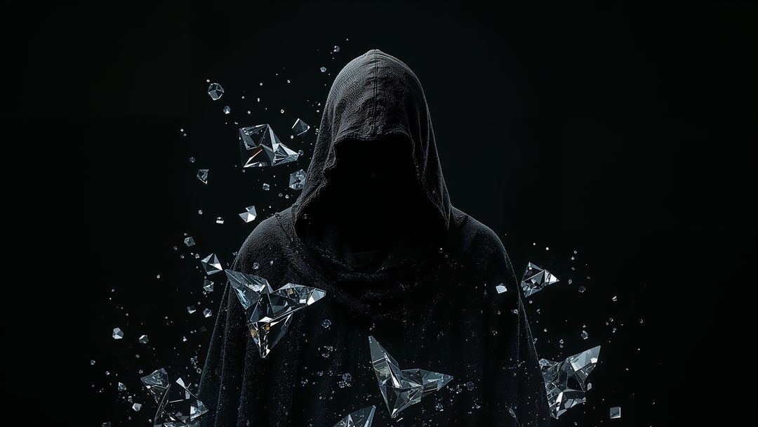 Hooded assassin figure with floating crystals in dark void
