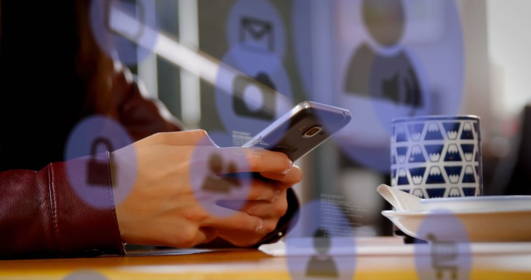 Businesswoman Using Smartphone with Global Networking Data Icons