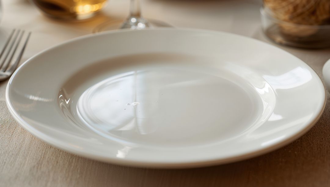 White Porcelain Dinner Plate on Woven Tablecloth with Fork and Wine Glass Reflection