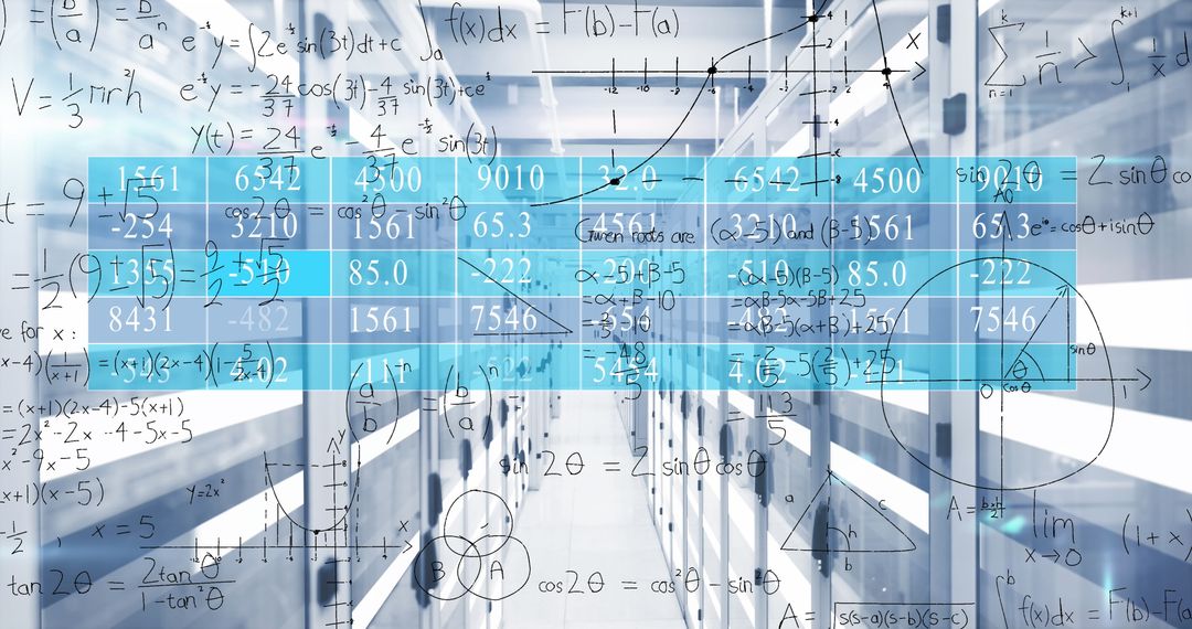 Futuristic Data Center Concept with Numeric overlay and Mathematical Formulas