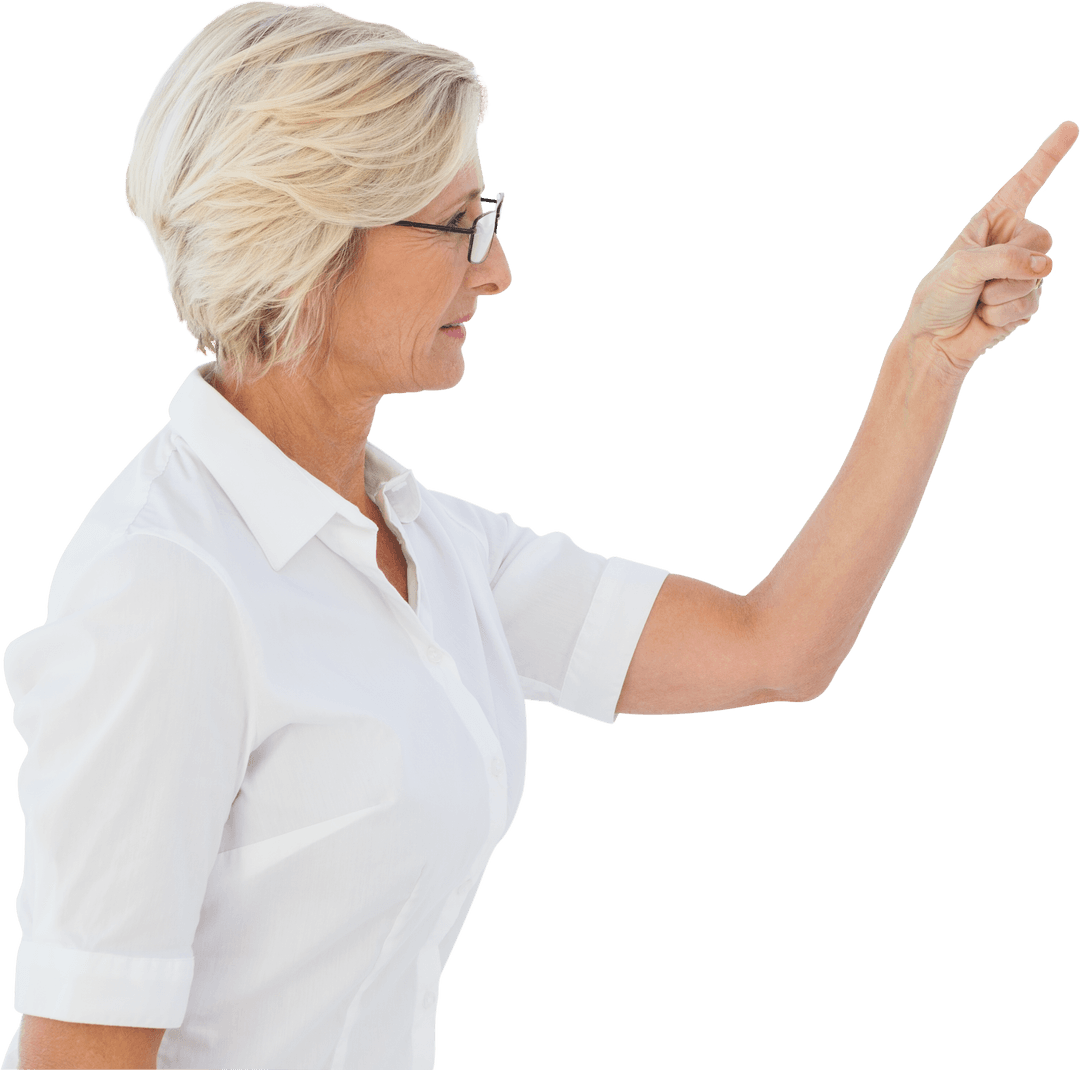 Transparent Business Woman Pointing Ahead in White Attire