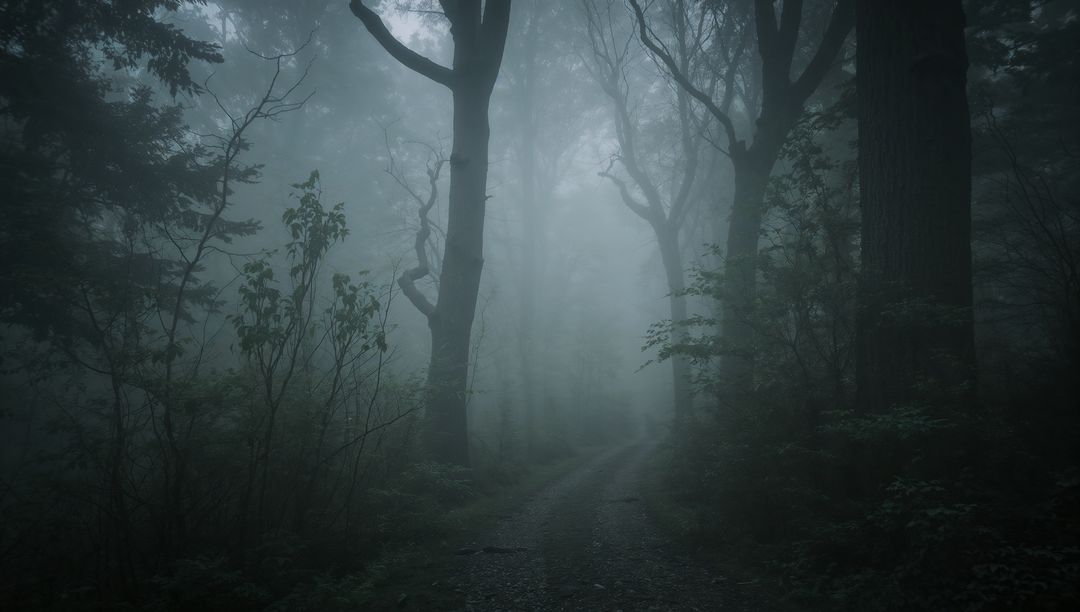 Misty Woodland Path: Enigmatic Forest in Foggy Atmosphere