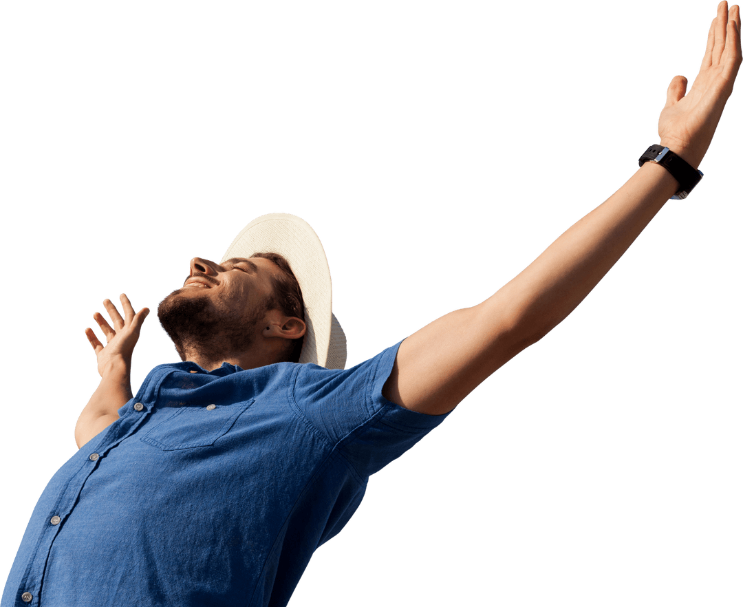 Joyful Man Raising Arms Celebrating on Transparent Background