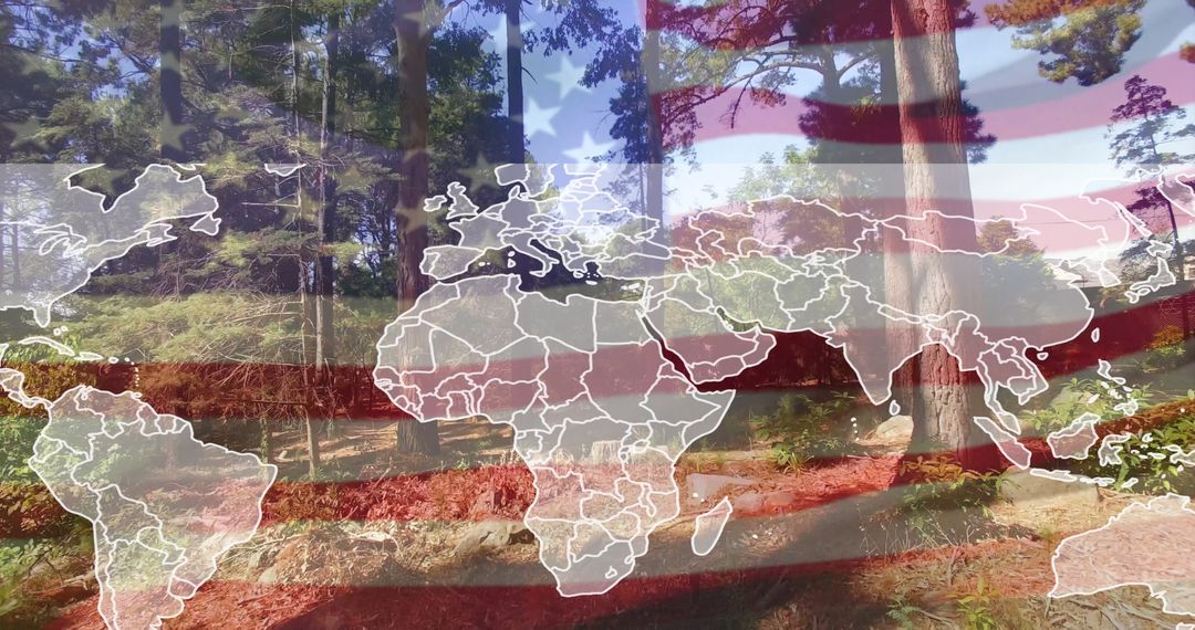 World Map Overlay on Pine Forest with American Flag Symbolism
