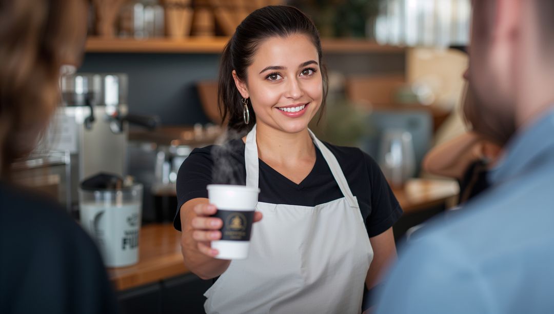 Smiling Barista Serving Steaming Coffee Cup to Customer at Cozy Cafe Counter