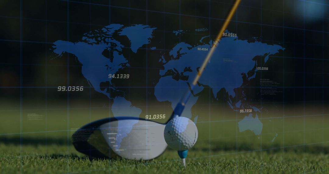 Golf Club Striking Ball with World Map and Data Overlay