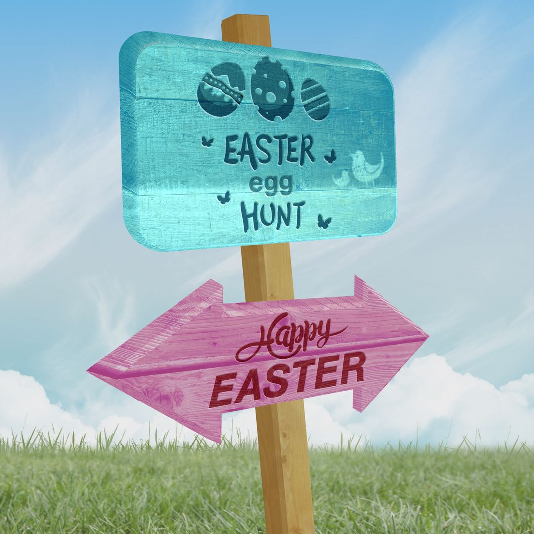 Colorful Easter Egg Hunt Sign in a Sunny Field