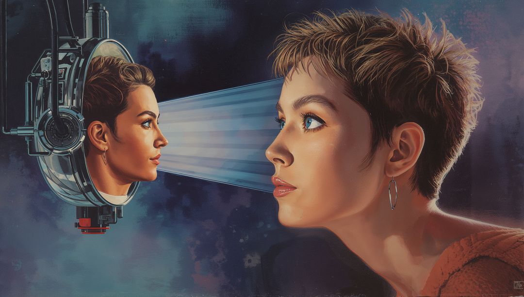 Woman Gazing into Projected Twin Face, Surreal Portrait Exploring Identity and Technology