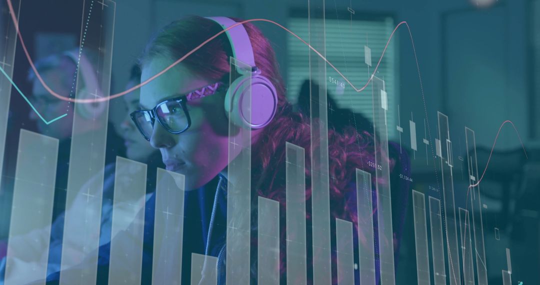 Innovative Data Analysis Woman with Headphones Focusing on Charts