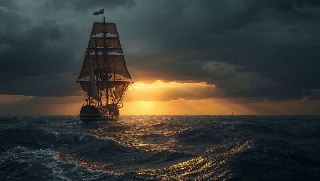Majestic Sailing Ship Navigating Stormy Seas at Sunset