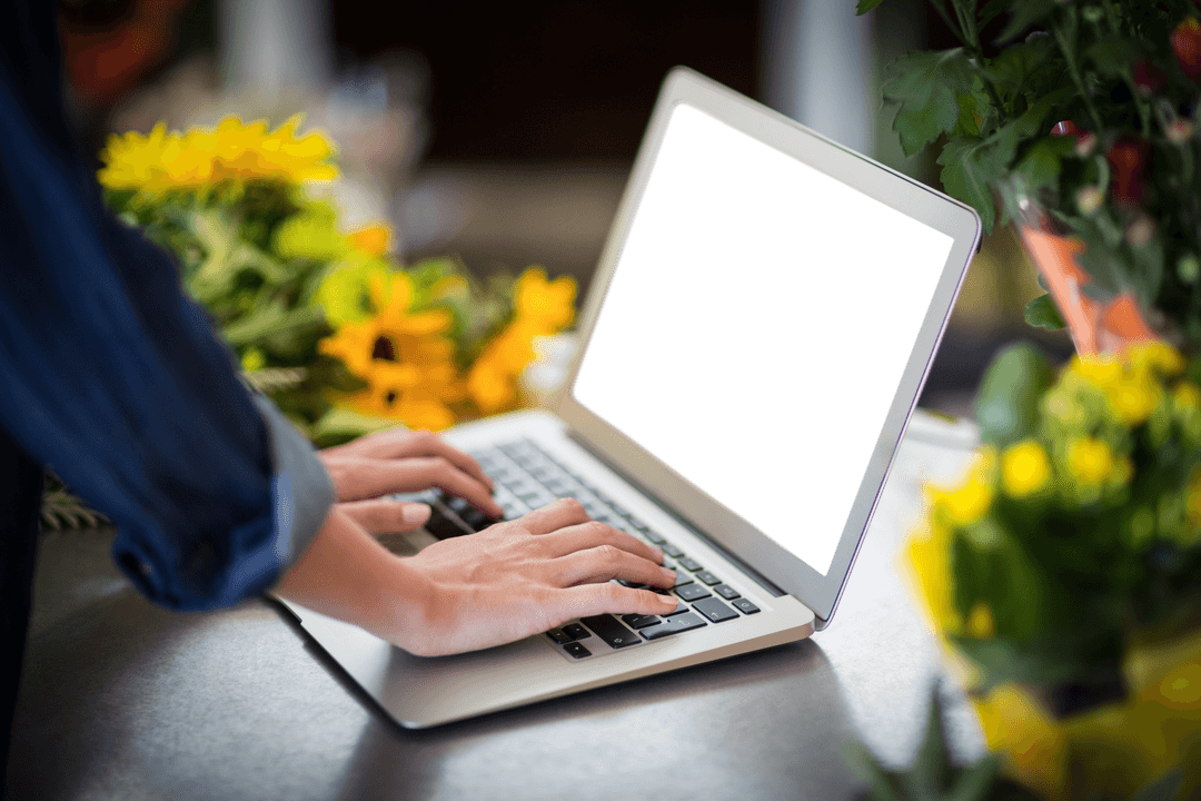 Transparent Laptop Screen with Female Florist Arranging Flowers