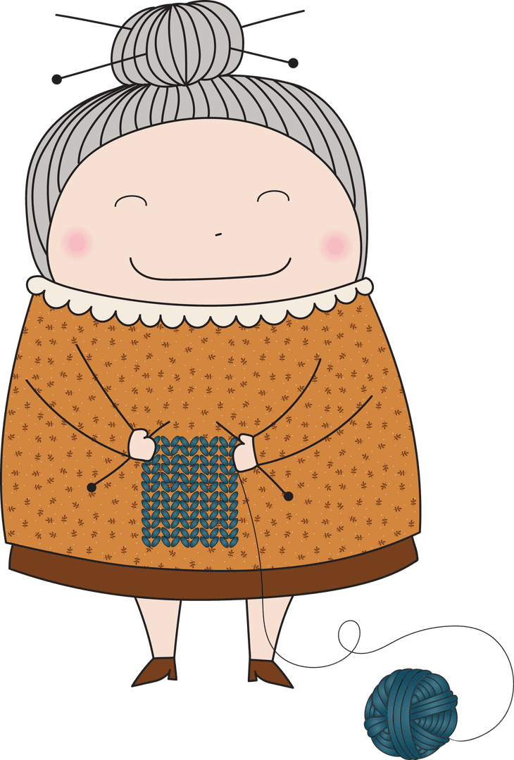 Cute Illustration of Smiling Grandmother Knitting on Transparent Background
