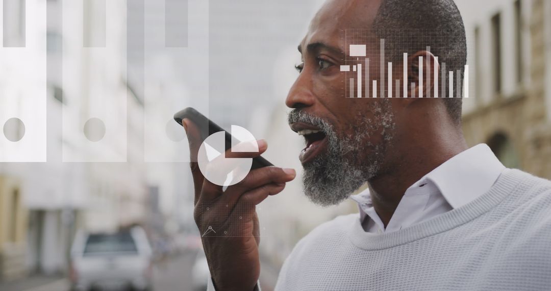 Businessman Communicating Via Smartphone with Data Overlay