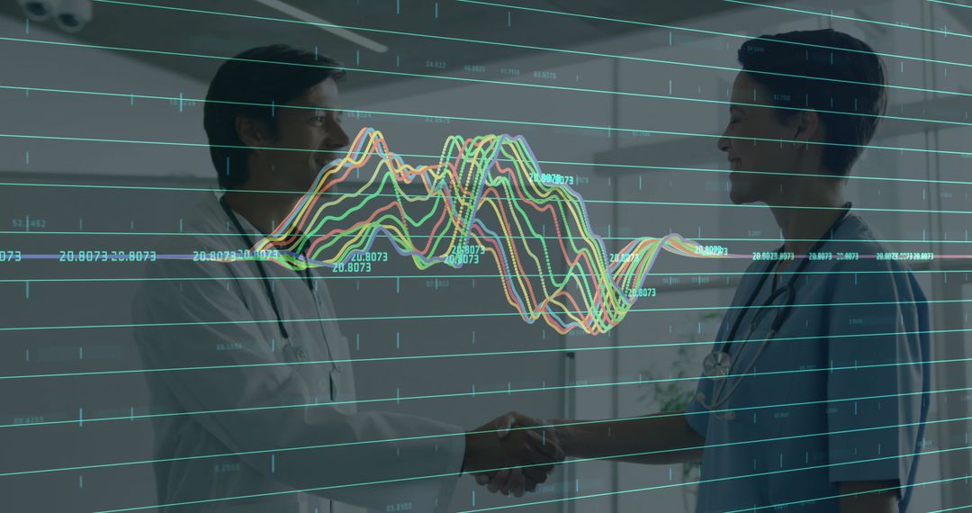 Two Medical Professionals Shaking Hands with Data Analytics Overlay
