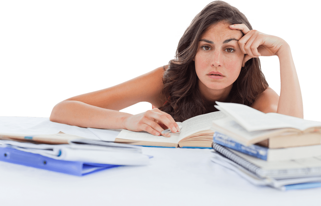 Bored Student Studying with Books and Papers Transparent Background