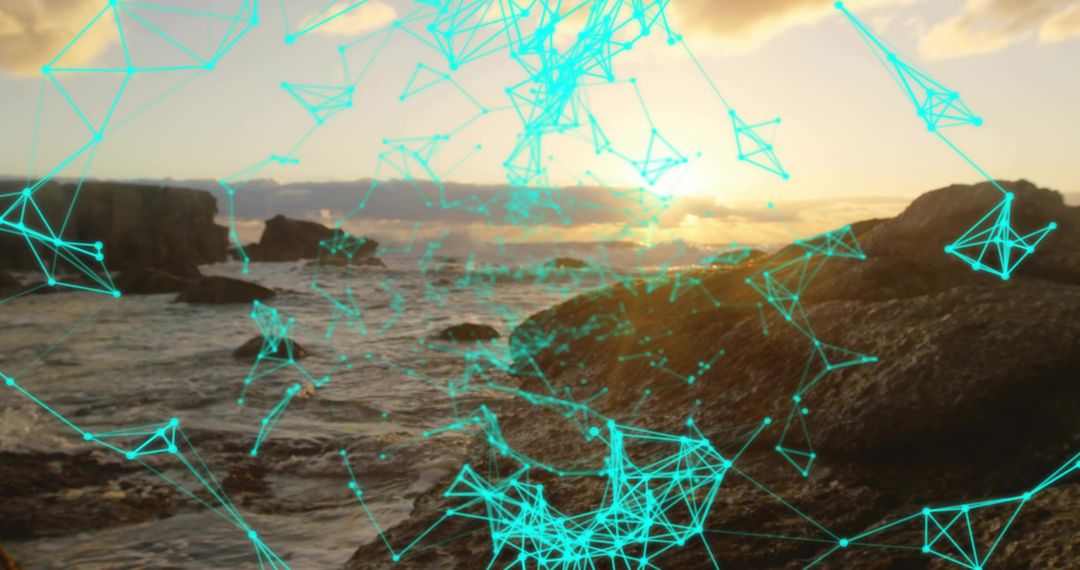 Futuristic Digital Network Overlay on Scenic Rocky Shoreline at Sunset