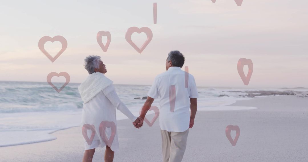 Elderly Couple Walking on Beach with Hearts Symbolizing Love and Togetherness
