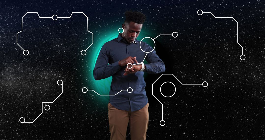 Man Interacting with Smartwatch Tech Interface Background