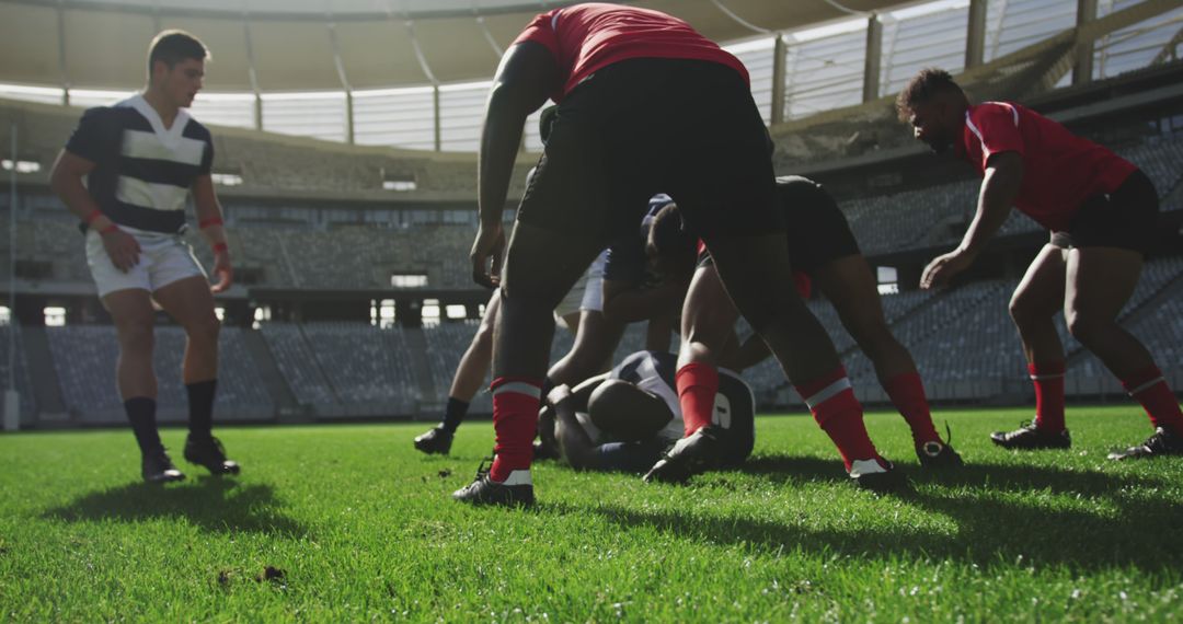 Rugby Players Engaged in Intense Scrimmage on Stadium Field - Free Images, Stock Photos and Pictures on Pikwizard.com