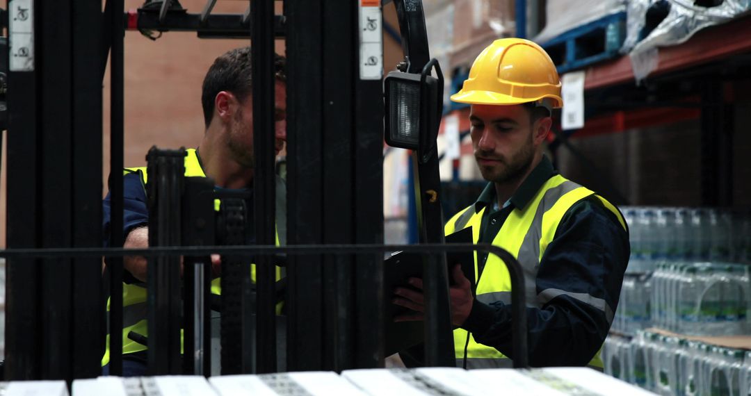 Warehouse workers checking tablet while operating forklift wearing hard hat, hi-vis vests