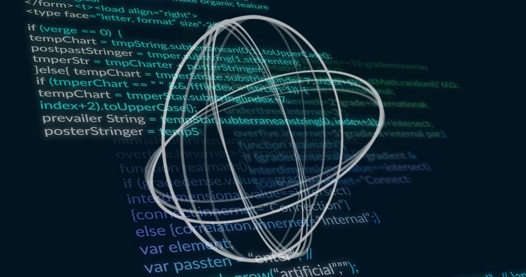 Futuristic Wireframe Sphere with Code Background