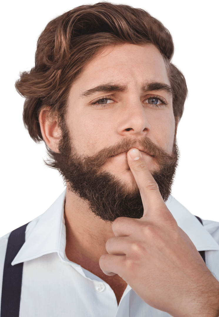 Transparent Portrait of Pensive Hipster Man with Beard Thinking