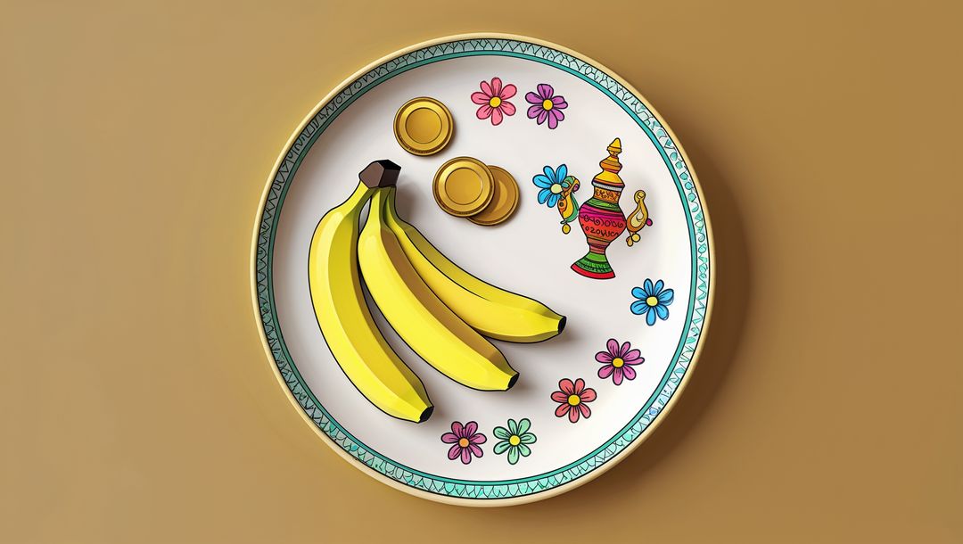Luxurious teal tray display with bananas and gold coins, vishu festival
