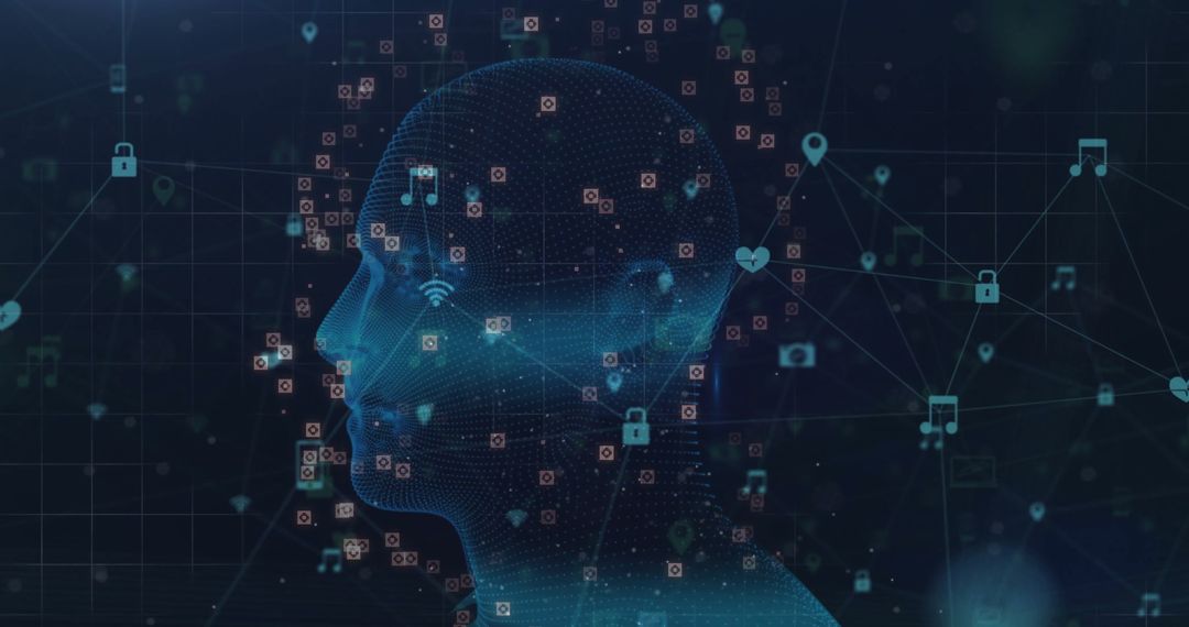 Futuristic Digital Head with Streaming Data and Connectivity Icons