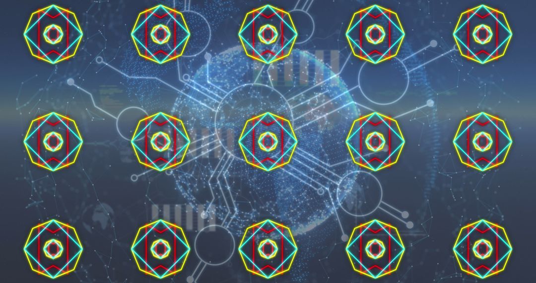 Digital Data Processing with Neon Geometric Art Overlays