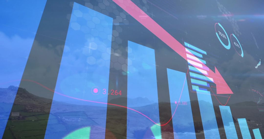 Digital Chart Overlay on Rural Farmland with Red Arrow