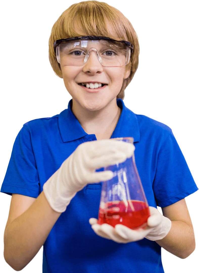 Curious Boy with Conical Flask Wearing Safety Goggles on Transparent Background
